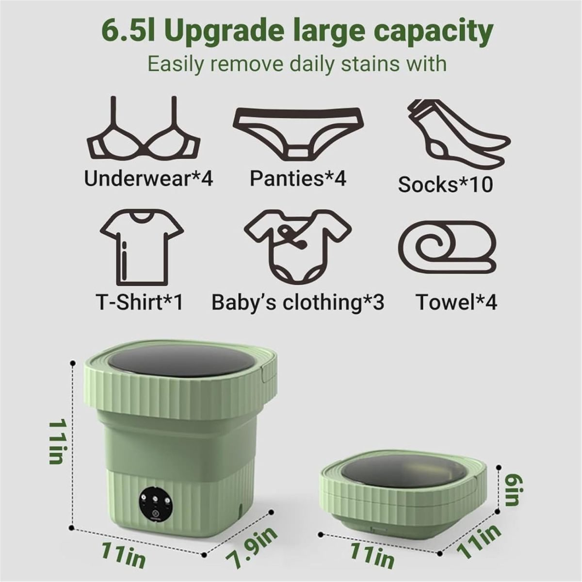 Portable Washing Machine, Mini Washing Machine with Spin Dryer, Foldable Mini Washing Machine for Baby Clothes, Underwear or Small Items, Ideal for Apartment, Dorm, Camping Green - Image 2