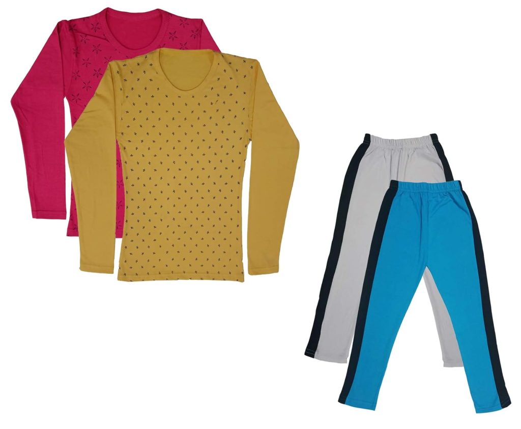 IndiWeaves Girls Cotton Full Sleeve Printed T-Shirts and Cotton Capri 3/4 Pants (White,Sky Blue,Magenta,Yellow,14-15 Years) Pack of 4