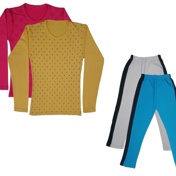 IndiWeaves Girls Cotton Full Sleeve Printed T-Shirts and Cotton Capri 3/4 Pants (White,Sky Blue,Magenta,Yellow,14-15 Years) Pack of 4