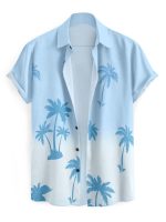 Men's Hawaiian Palm Tree Print Short Sleeve Button Down Shirt,Cotton Lycra White Tree Pattern