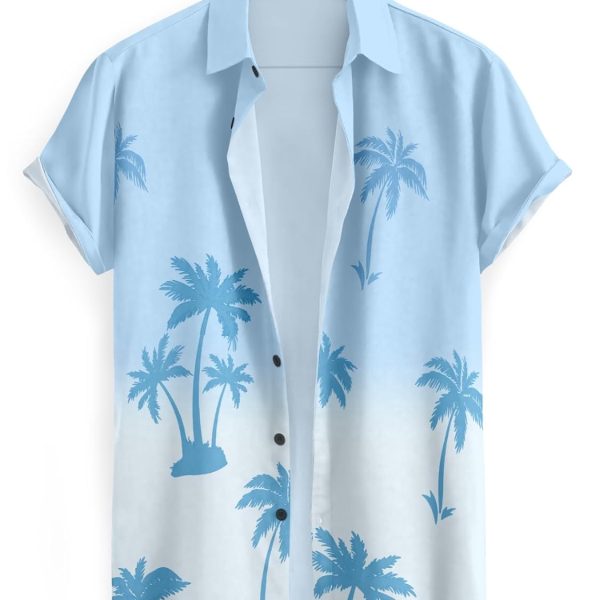 Men's Hawaiian Palm Tree Print Short Sleeve Button Down Shirt,Cotton Lycra White Tree Pattern