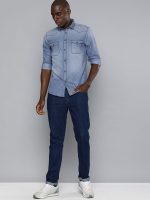 The Indian Garage Co Men's Cotton Slim Fit Solid Full Sleeves Cutaway Collar Double Flap Pocket Casual Denim Shirt - Image 7