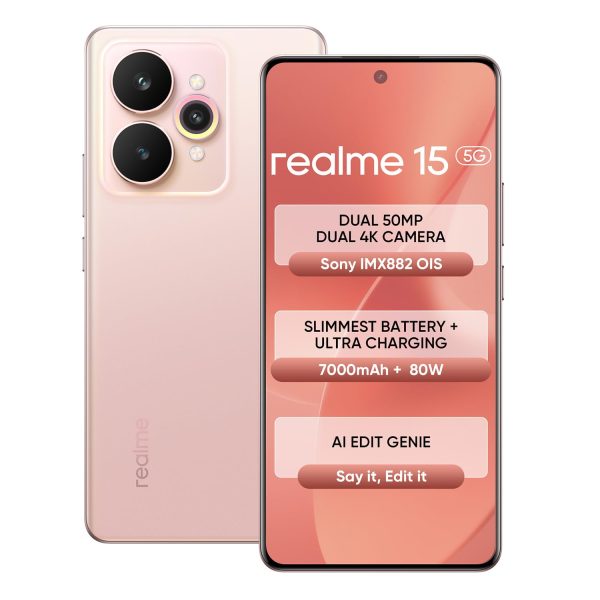 realme 15 5G Smartphone 8+128GB Pink,144Hz HyperGlow 4D Curve Display,7000mAh Battery,80W SuperVOOC,Dual 50MP 4K Cameras,Dimensity 7300+ Chipset,IP69