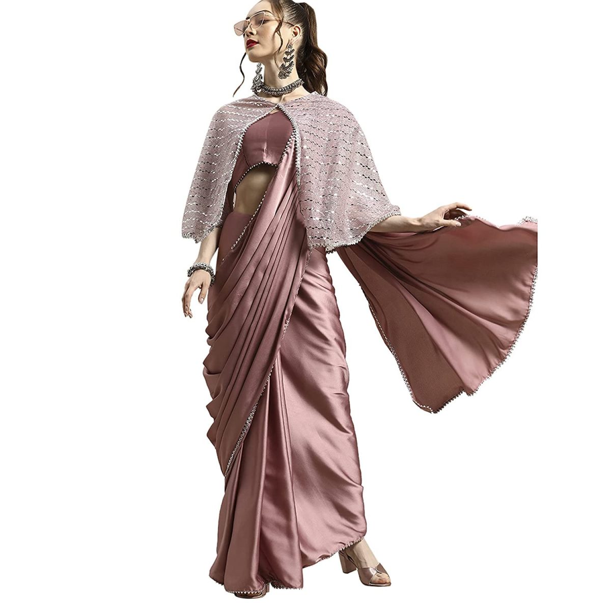 Womanista Women's Satin Saree with Embellished Cape (WM1946_Pink)