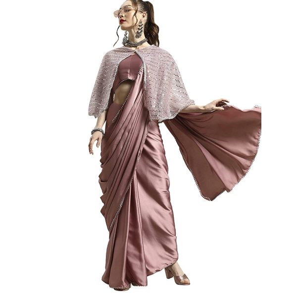 Womanista Women's Satin Saree with Embellished Cape (WM1946_Pink)