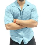 Textured Cotton Short Sleeve Shirt, Light Blue, Geometric Pattern, Button-Down Collar