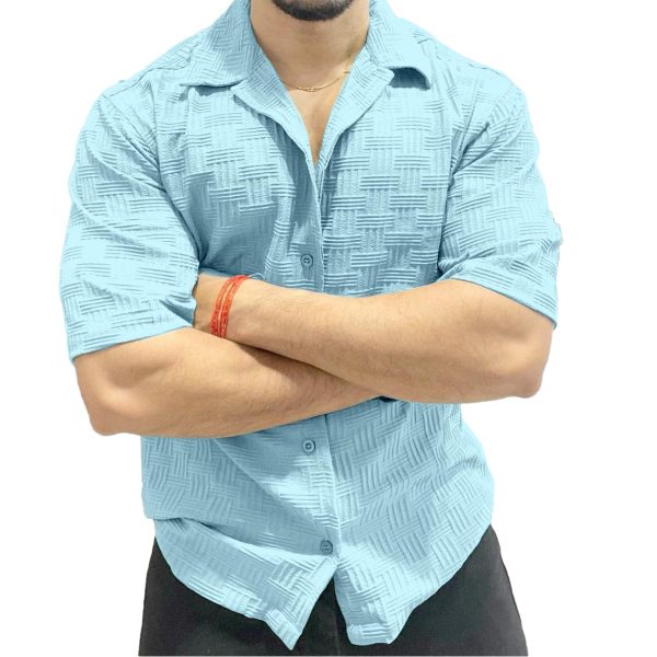 Textured Cotton Short Sleeve Shirt, Light Blue, Geometric Pattern, Button-Down Collar