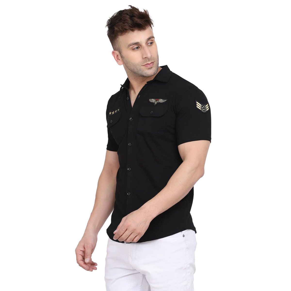 Tfurnish Men's Casual Spread Collar Shirt | Half Sleeve Slim Fit Button Down with Chest Flap Pockets & Stylish Badges - Image 3