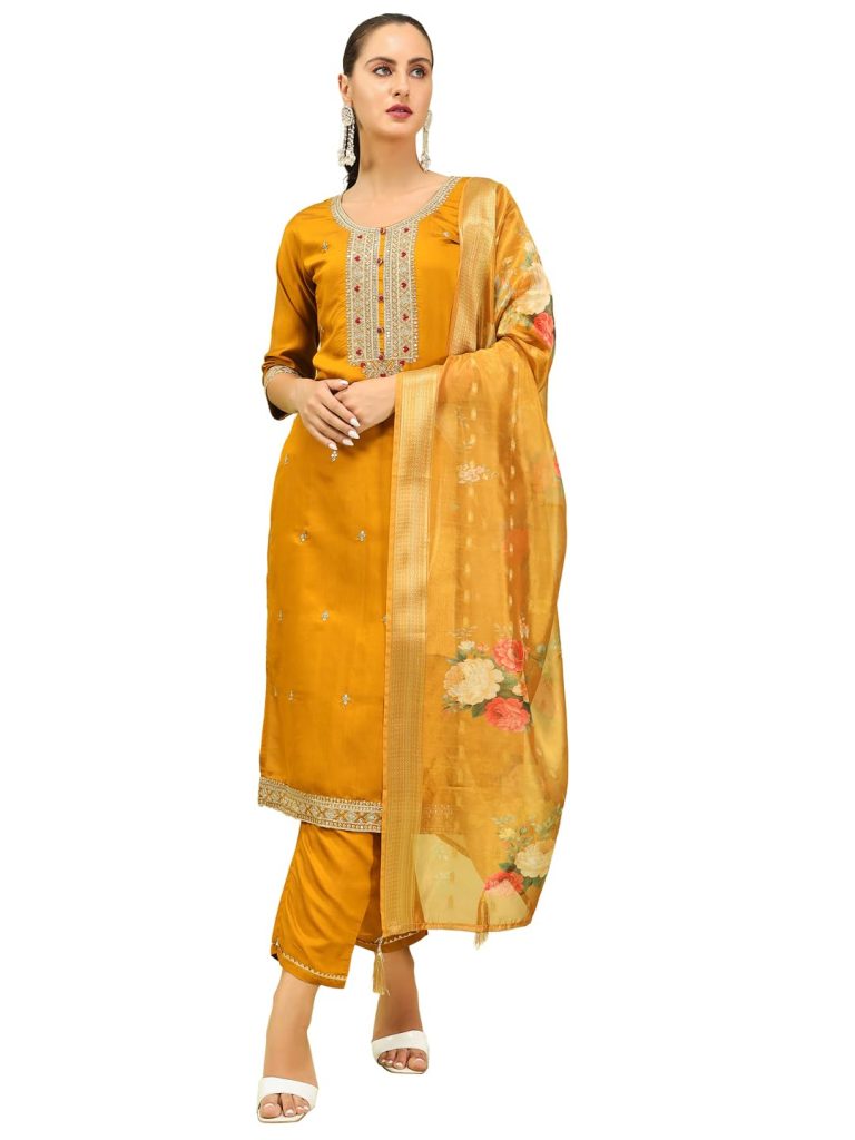 VredeVogel Women's Viscose Roman Silk Blend Embroidered Kurta with Pant & Dupatta Set