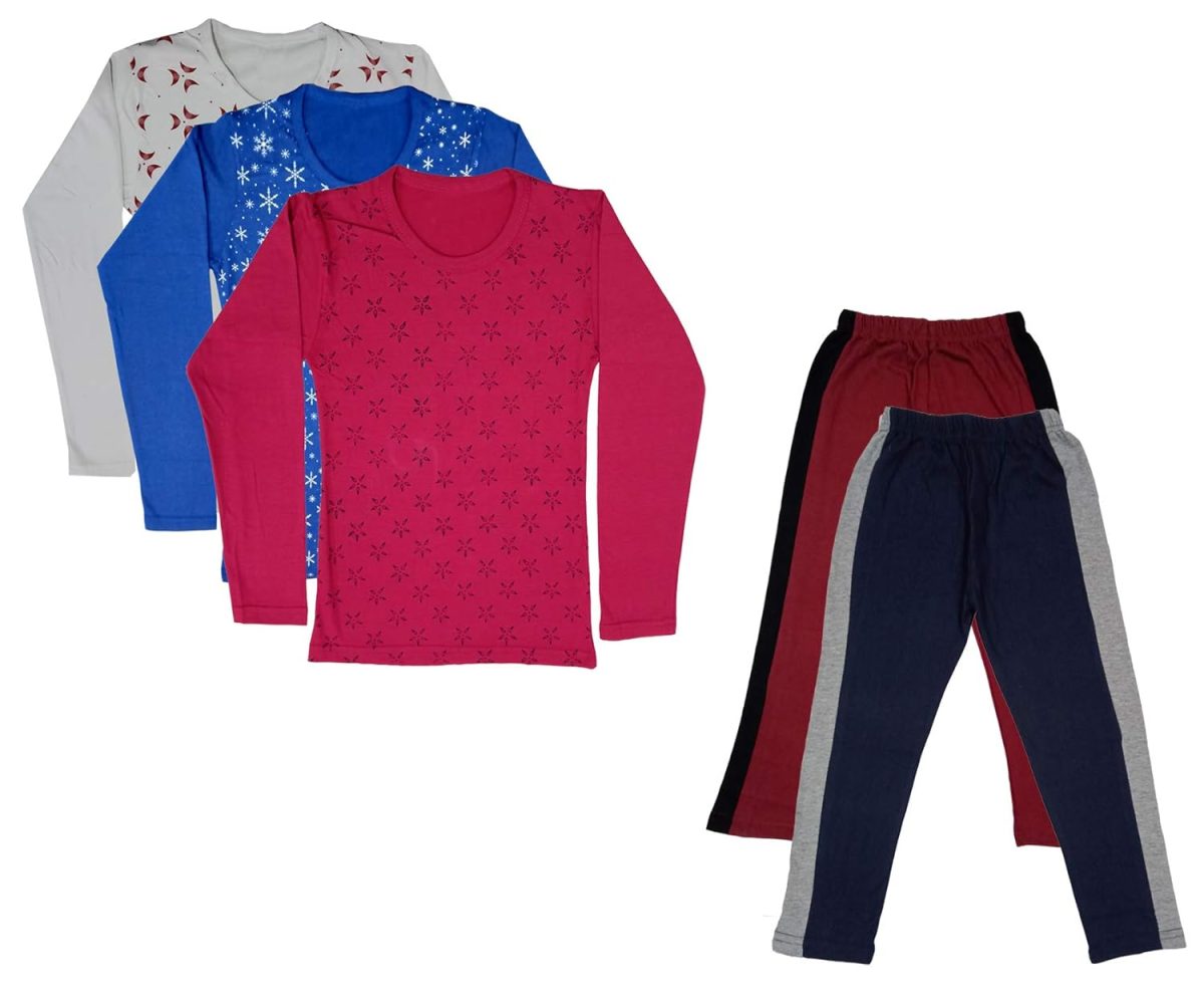 IndiWeaves Girls Cotton Full Sleeve Printed T-Shirts and Cotton Capri 3/4 Pants (Maroon,Navy Blue,White,Blue,Magenta,11-12 Years) Pack of 5