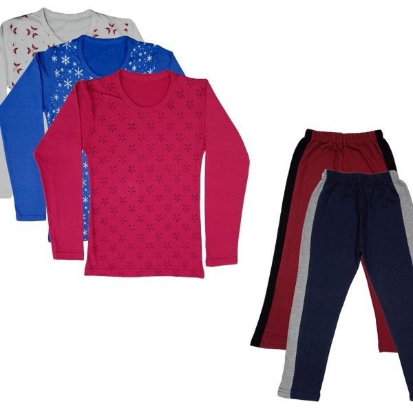 IndiWeaves Girls Cotton Full Sleeve Printed T-Shirts and Cotton Capri 3/4 Pants (Maroon,Navy Blue,White,Blue,Magenta,11-12 Years) Pack of 5