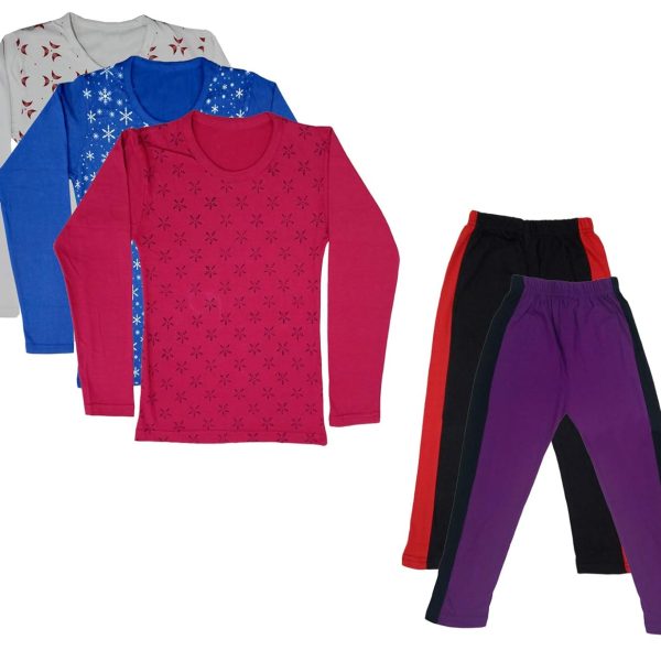 IndiWeaves Girls Cotton Full Sleeve Printed T-Shirts and Cotton Capri 3/4 Pants (Black,Purple,White,Blue,Magenta,8-9 Years) Pack of 5