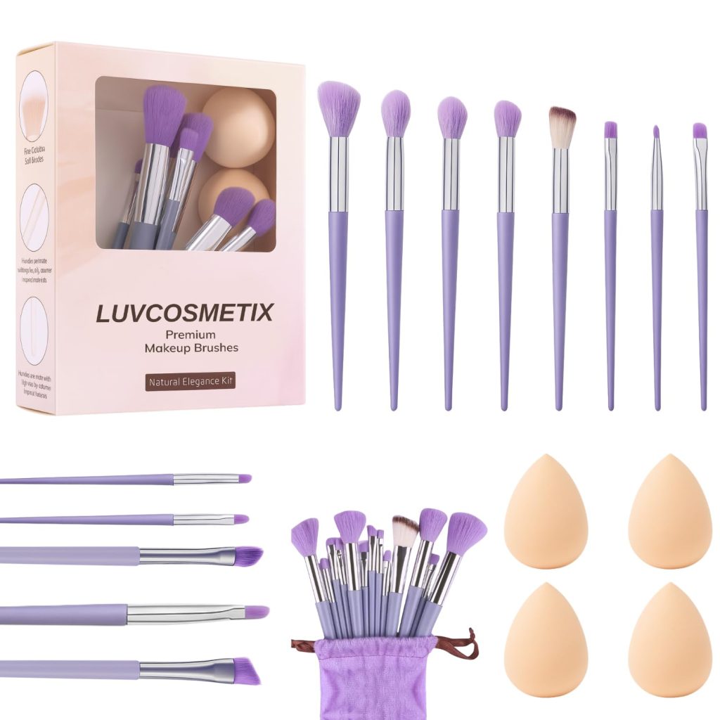 LUVCOSMETIX 17-Piece Makeup Brush & Sponge Set – Includes 13 Premium Synthetic Brushes for Foundation, Powder, Concealer, Blush & Eyeshadow, Plus 4 Soft Blending Sponges With Pouch (Purple)