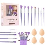 LUVCOSMETIX 17-Piece Makeup Brush & Sponge Set – Includes 13 Premium Synthetic Brushes for Foundation, Powder, Concealer, Blush & Eyeshadow, Plus 4 Soft Blending Sponges With Pouch (Purple)