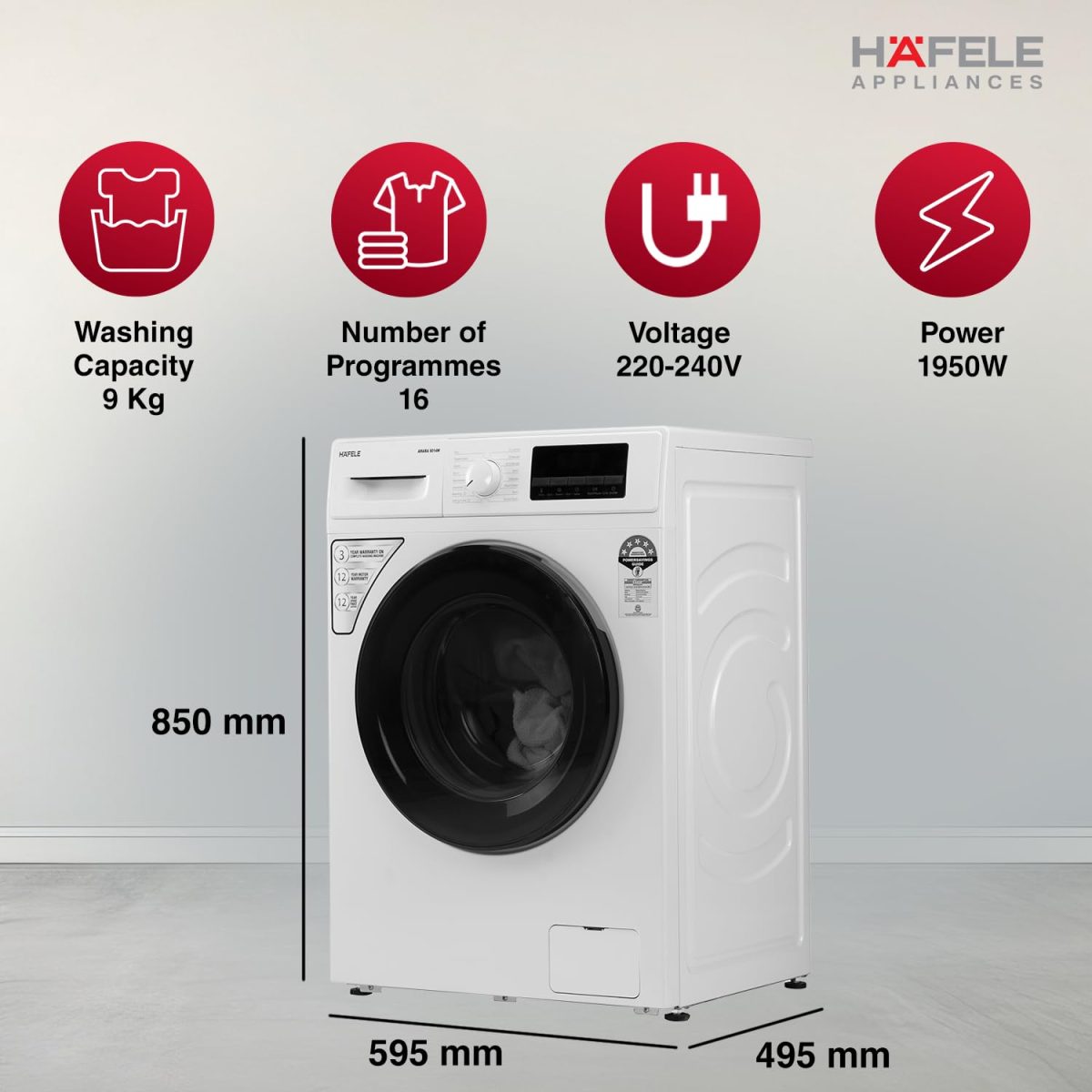 HAFELE AMARA 9 kg 5 Star, Premium Fully Automatic Front-Load washing machine engineered using German technology, comes with Steam Shield and Hexa Wash Design - Image 3