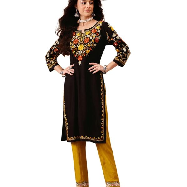 QAZMI Women's Mahnaz Kashmiri Chinarkari Work Keyhole Neck Black Kurti