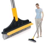 TEKCOOL 2-in-1 Bathroom Cleaning Brush with Wiper and Long Handle - 120° Rotating Floor Scrub Brush for Tiles, Kitchen, and Home Cleaning Accessories, Black, Stainless Steel