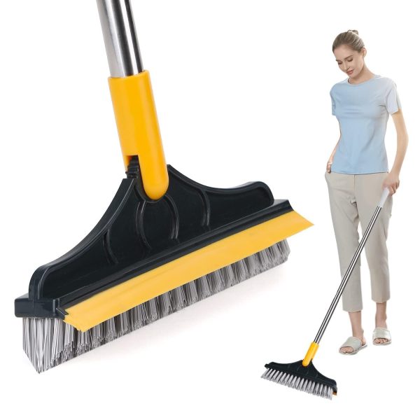 TEKCOOL 2-in-1 Bathroom Cleaning Brush with Wiper and Long Handle - 120° Rotating Floor Scrub Brush for Tiles, Kitchen, and Home Cleaning Accessories, Black, Stainless Steel