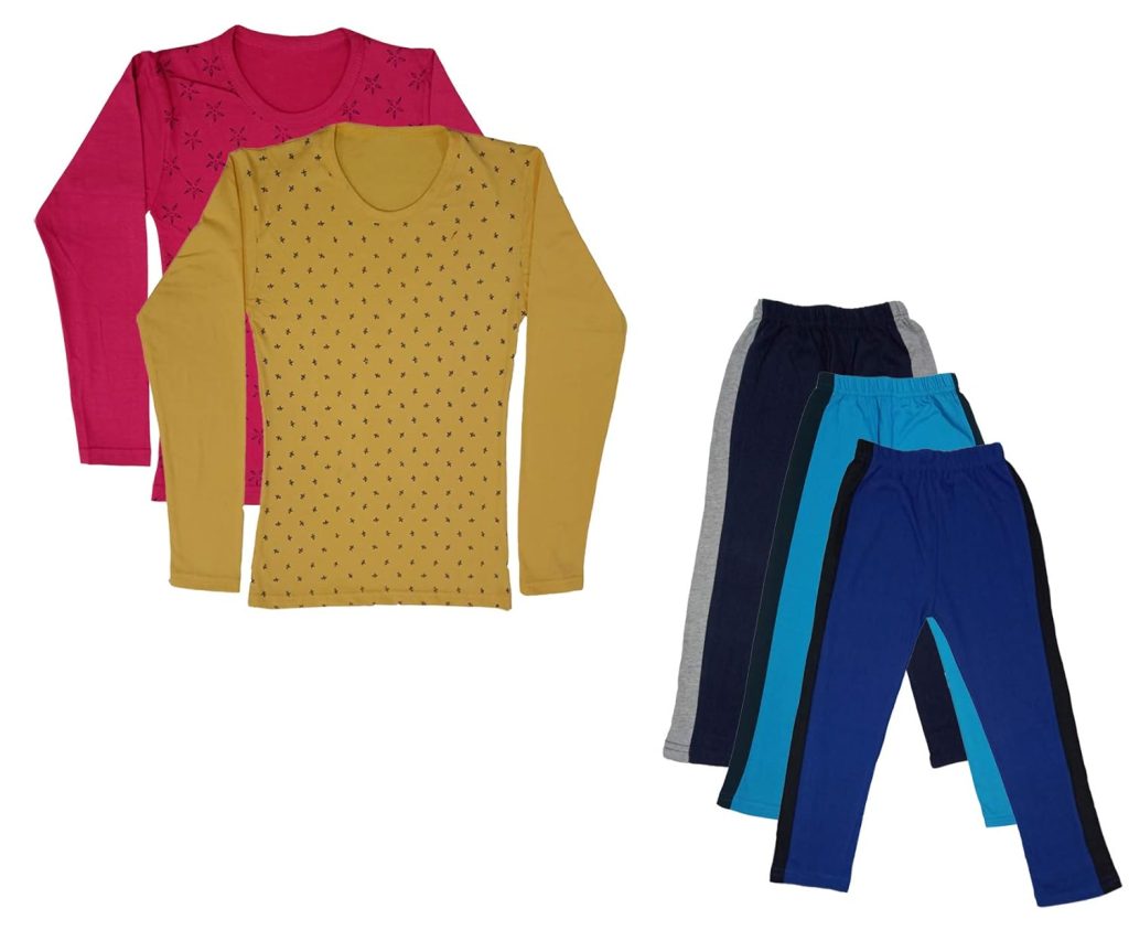 IndiWeaves Girls Cotton Full Sleeve Printed T-Shirts and Cotton Capri 3/4 Pants (Navy Blue,Sky Blue,Blue,Magenta,Yellow,11-12 Years) Pack of 5