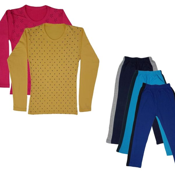 IndiWeaves Girls Cotton Full Sleeve Printed T-Shirts and Cotton Capri 3/4 Pants (Navy Blue,Sky Blue,Blue,Magenta,Yellow,11-12 Years) Pack of 5