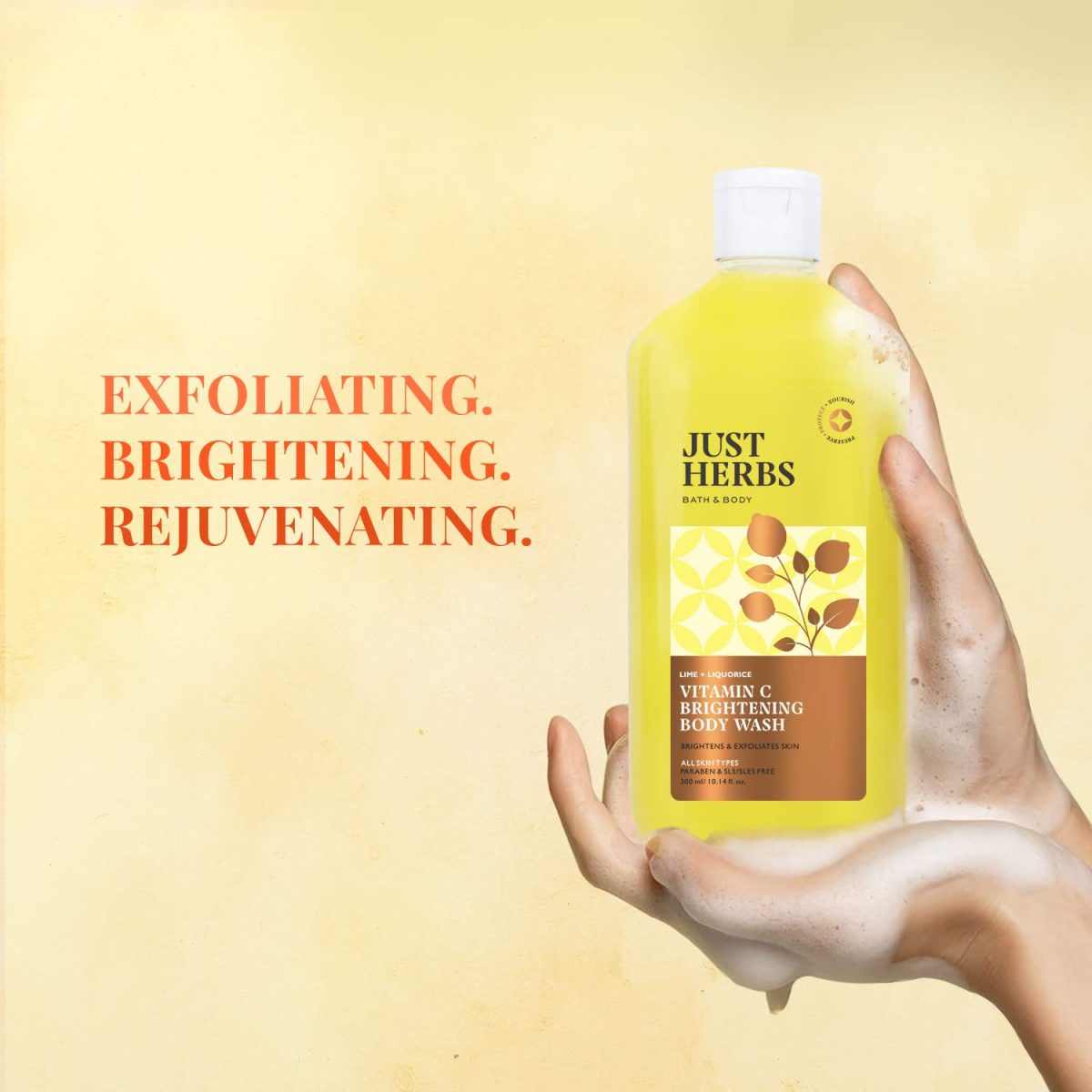 Just Herbs Vitamin C Brightening Body Wash with Lime and Liquorice for Men & Women | Hydrates Skin, Reduces Hyperpigmentation & Maintains pH Level | Suits All Skin Types- 300 ml - Image 2