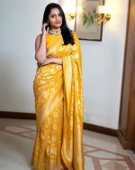Women's Banarasi Soft Lichi Silk Saree - Yellow | Beautiful Rich Pallu & JACQUARD Work Saree [Unstitched Blouse Piece] - Image 2