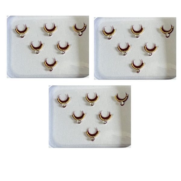 OJ Golden Half Moon Shape 1 line Moti Stone Bindi Kumkum Sindoor Chandrakor Sticker Bridal Bindis Wedding Occasional Simple Forehead Girls & Womens-Size 6 Pack of 3