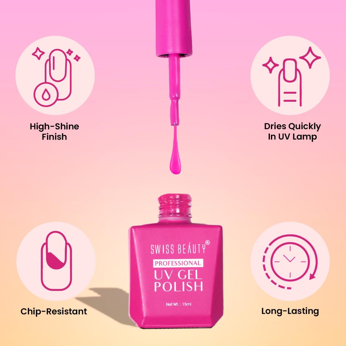 Swiss Beauty Professional UV Gel Nail Polish, Lasts Upto 21 Days, Super Glossy Finish, Non-Chipping, Non-Smudging, Quick Drying Nail Polish, Primer, 15 ml - Image 3