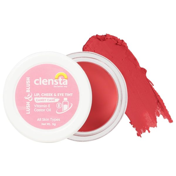 Clensta Lip Cheek Tint - Candy Cane, with Goodness of Vitamin E & Castor Oil, Nourishes & Hydrates Dry Chapped Lips, Blush & Eyeshadow for Women & Girls – 5 G