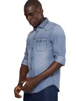 The Indian Garage Co Men's Cotton Slim Fit Solid Full Sleeves Cutaway Collar Double Flap Pocket Casual Denim Shirt