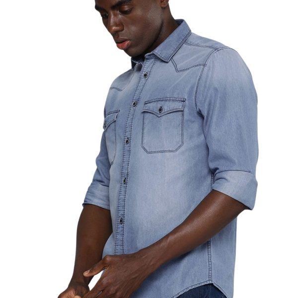 The Indian Garage Co Men's Cotton Slim Fit Solid Full Sleeves Cutaway Collar Double Flap Pocket Casual Denim Shirt