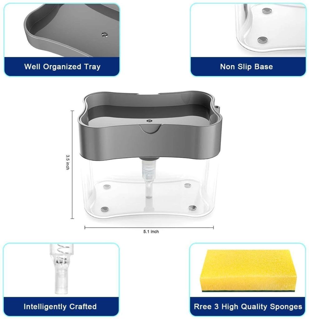 VYOOx® 2 in 1 Soap Pump Dispenser for Dishwasher Liquid Soap Sponge Holder Free Sponge, Plastic