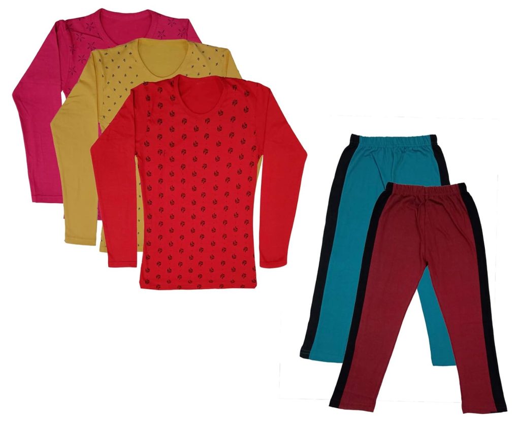 IndiWeaves Girls Cotton Full Sleeve Printed T-Shirts and Cotton Capri 3/4 Pants (Green,Maroon,Magenta,Yellow,Red,12-13 Years) Pack of 5