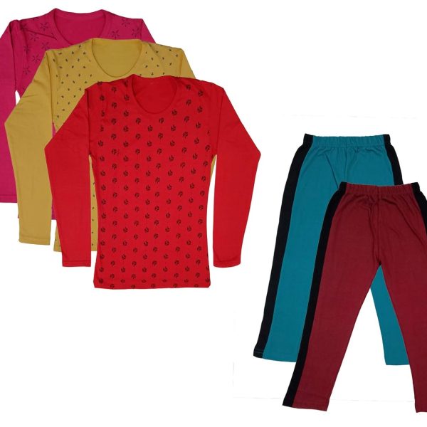 IndiWeaves Girls Cotton Full Sleeve Printed T-Shirts and Cotton Capri 3/4 Pants (Green,Maroon,Magenta,Yellow,Red,12-13 Years) Pack of 5