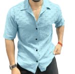 Textured Cotton Short Sleeve Shirt, Light Blue, Geometric Pattern, Button-Down Collar - Image 2