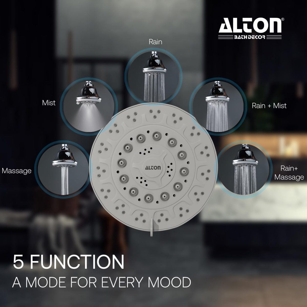 ALTON SHR22310 ABS, 4-INCH, 5-Function Overhead Shower | Mist Flow Bathroom Shower (Chrome) - Image 3