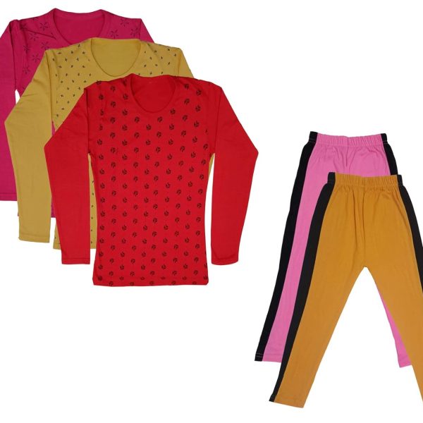 IndiWeaves Girls Cotton Full Sleeve Printed T-Shirts and Cotton Capri 3/4 Pants (Pink,Mustard,Magenta,Yellow,Red,9-10 Years) Pack of 5