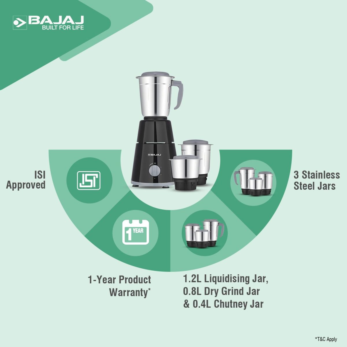 Bajaj GX-1 Mixer Grinder 500W | Superior Mixie For Kitchen | 2-In-1 For Dry Grinding | Blade Function With Titan Motor | 3 Stainless Steel Mixer Jars | 1 Year Product Warranty By Bajaj 【Black】 - Image 4