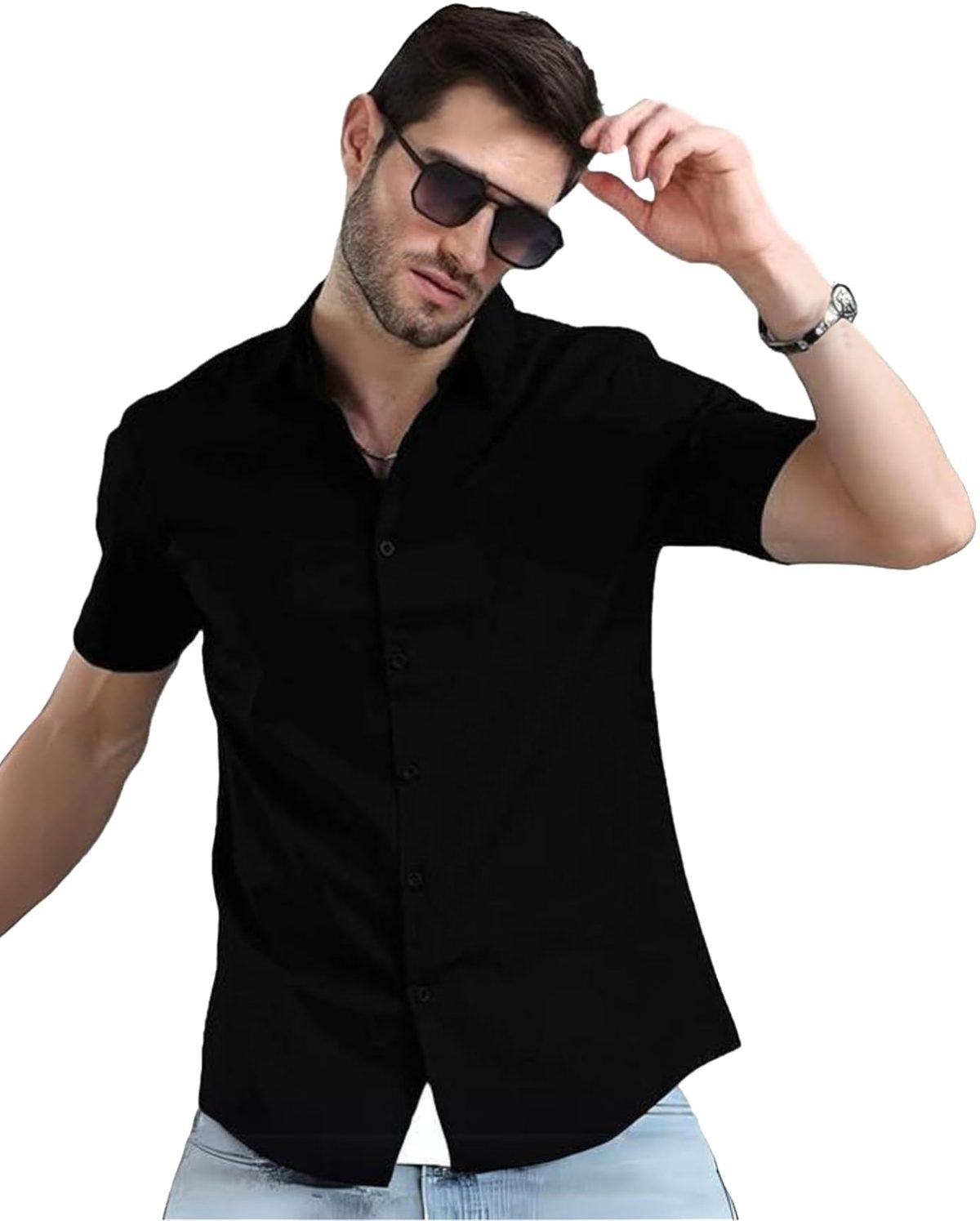 LEOTUDE Men's Cotton Blend Solid Half Sleeve Slim Fit Shirt For Men