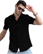 LEOTUDE Men's Cotton Blend Solid Half Sleeve Slim Fit Shirt For Men