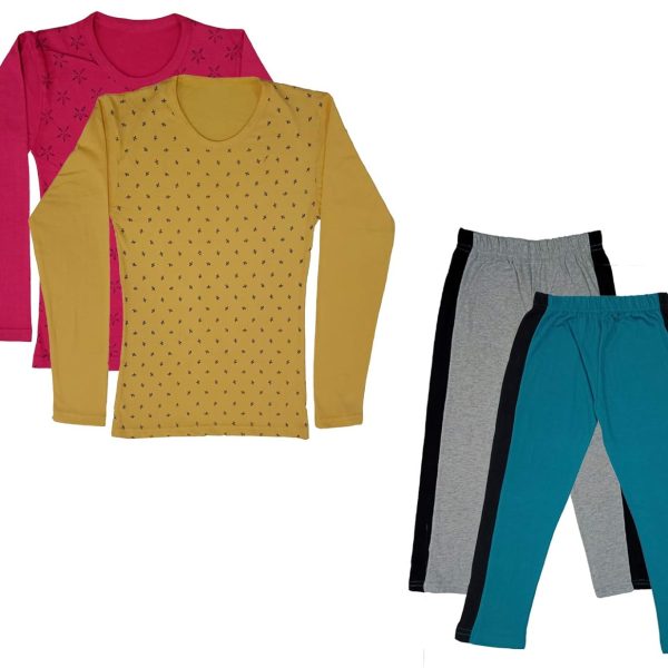 IndiWeaves Girls Cotton Full Sleeve Printed T-Shirts and Cotton Capri 3/4 Pants (Grey,Green,Magenta,Yellow,9-10 Years) Pack of 4