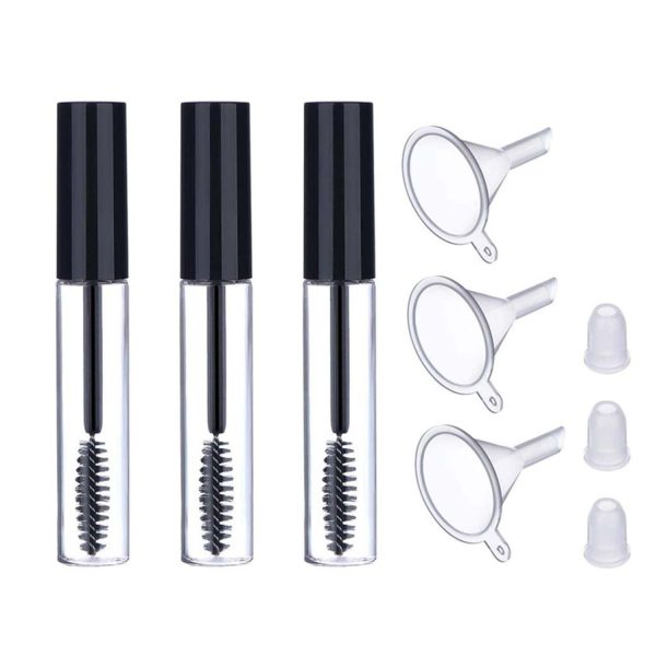 Homeaura® 3Pcs 10ml Empty Mascara Bottle Tube Set with Wand Brush| Eyelash Cream Container Tubes with 3 Funnels | Refillable Eyeliner and Liquid Eyelash Serum Tubes for Castor Oil & DIY Makeup Storage