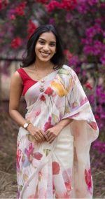 Murti Creation Women's Digital Floral Print Original Plain Linen Casual Saree With Blouse Piece (Main)