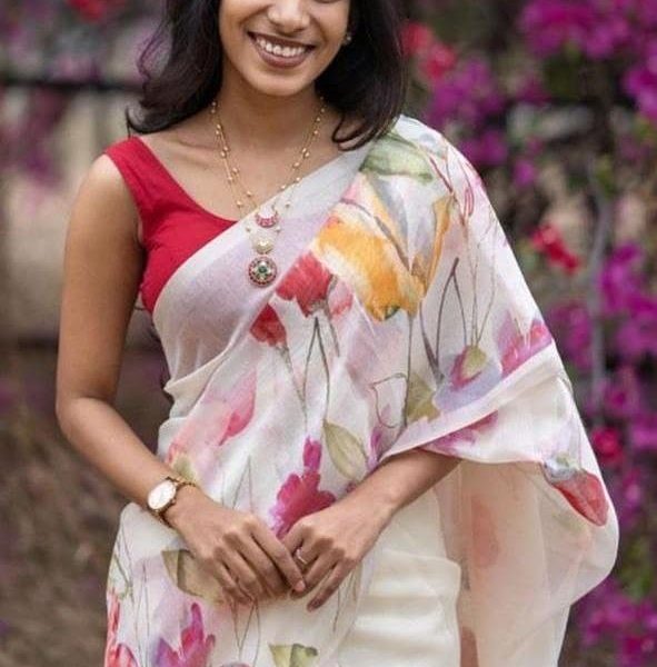 Murti Creation Women's Digital Floral Print Original Plain Linen Casual Saree With Blouse Piece (Main)