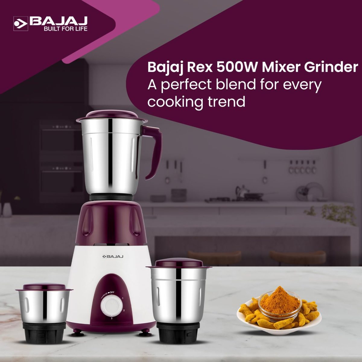 Bajaj Rex Mixer Grinder 500W | Mixie For Kitchen With Nutri-Pro Features | 3 SS Mixer Jars For Heavy Duty Grinding | Adjustable Speed Control | Multifunctional Blade System | 2 Yr Warranty【Purple】 - Image 2