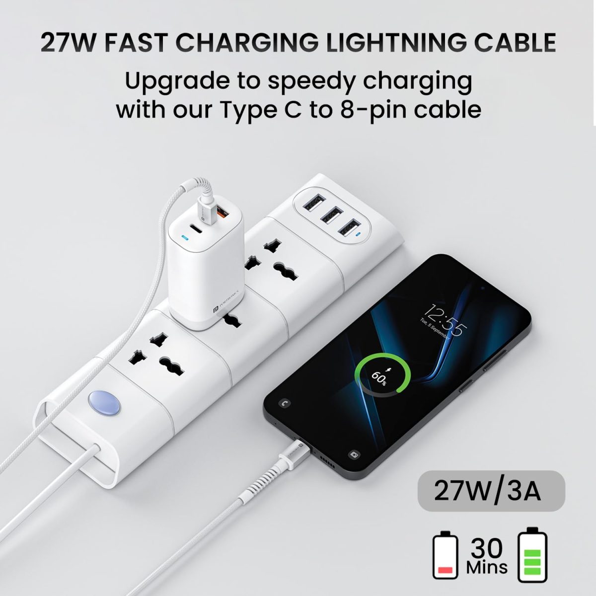 Portronics Konnect X Type C to 8-Pin 27W Fast Charging Cable, Premium TPE Material, Support to all Lightning Devices 1M Length(White) - Image 5