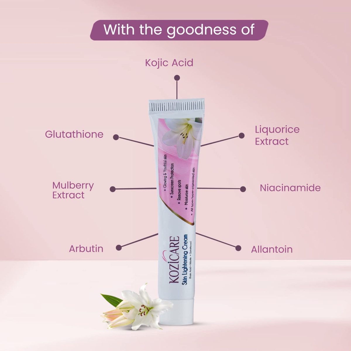 Kozicare Skin Lightening Non-Sticky Cream Lotion | Enriched with 3% Kojic Acid, 1% Alpha Arbutin, 1% Glutathione, 2% Niacinamide, 2% Vitamin C | Best for Melasma, Pigmentation, Dark/Age Spots, Uneven Skin Shade - 15gm (Pack of 4) (New Formula) - Image 3