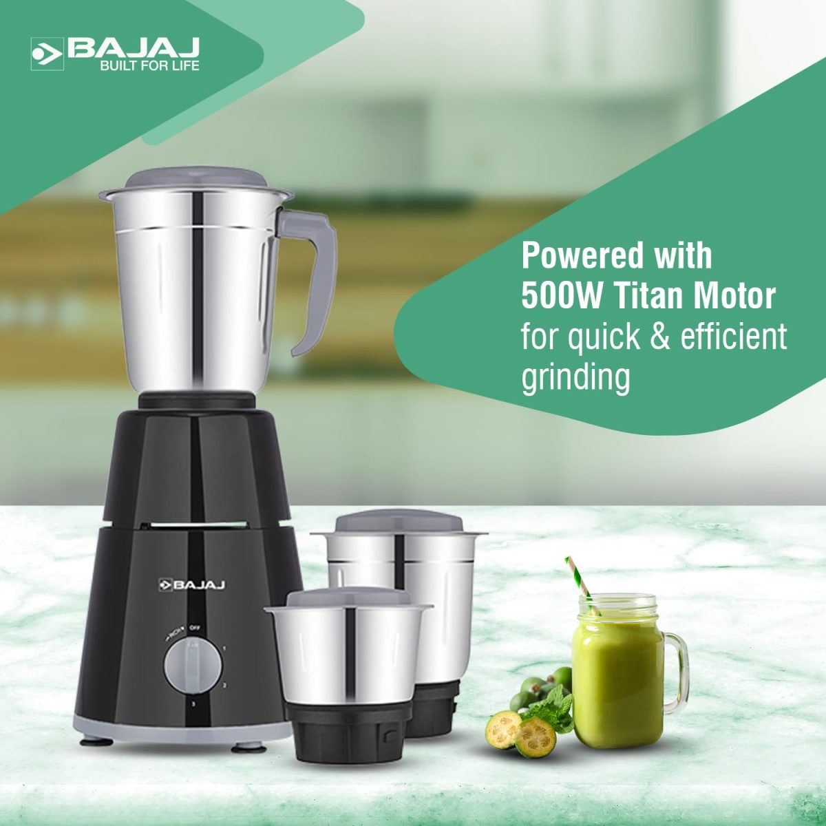 Bajaj GX-1 Mixer Grinder 500W | Superior Mixie For Kitchen | 2-In-1 For Dry Grinding | Blade Function With Titan Motor | 3 Stainless Steel Mixer Jars | 1 Year Product Warranty By Bajaj 【Black】 - Image 3