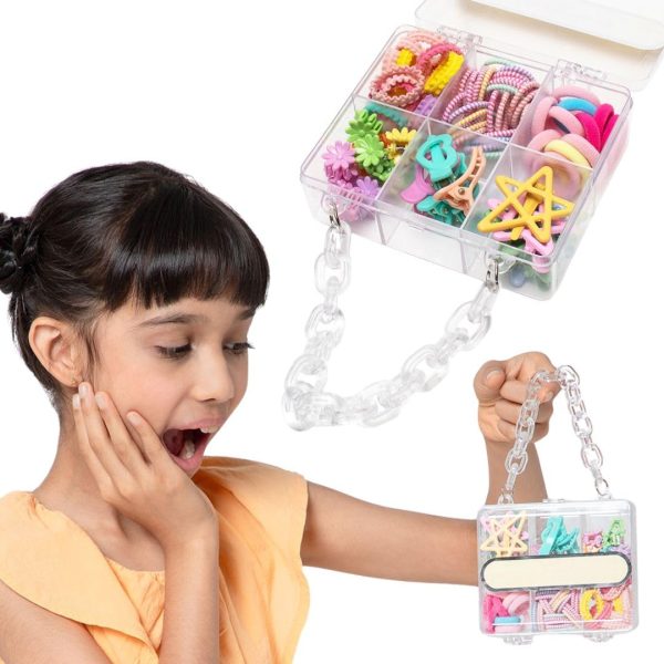 Radhu & Kabby Assorted Colourful Hair Accessories Set for Kids | Transparent Purse with Handle | Includes Mini Hair Ties, Clips, Mini-Clutchers for Easy Styling | Multicolour