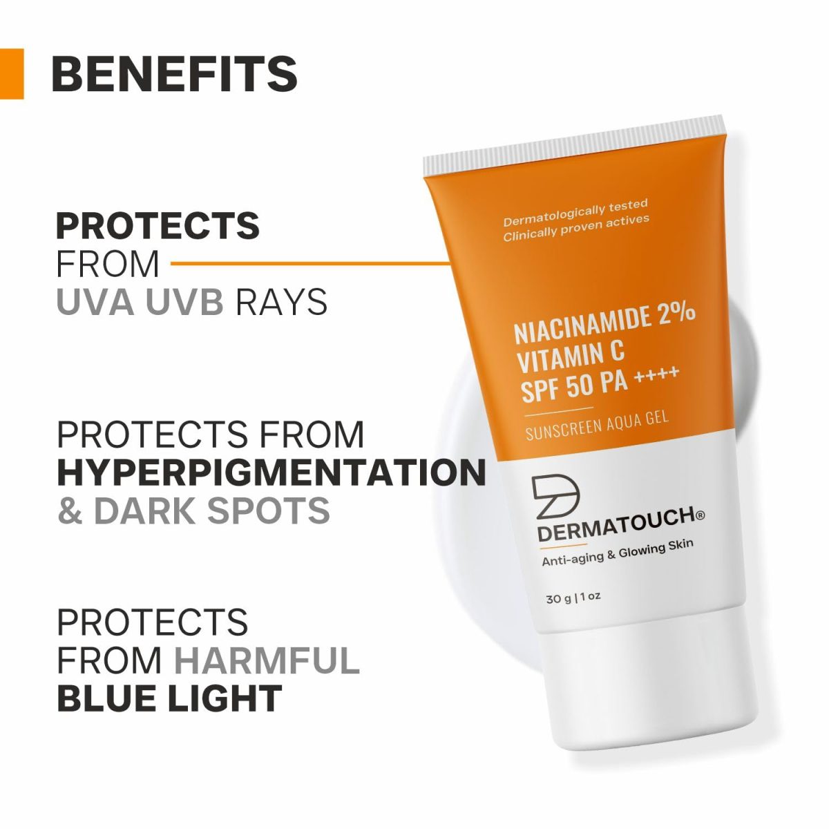 DERMATOUCH Niacinamide 2% Vitamin C Sunscreen for glowing skin | SPF 50+ PA ++++ | Quick Absorbing | Zero White Cast | 30g - Image 2